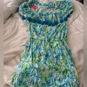 Lilly Pulitzer Blue, Teal & Green Tropical Pom-Pom Dress